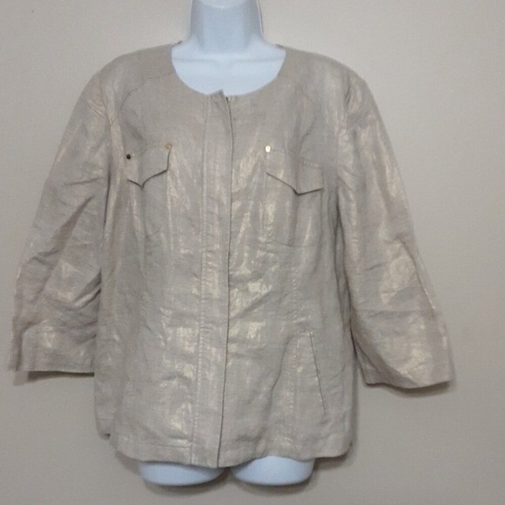 Chico's jacket 100% linen women Zip down beige shiny 2 casual party vacation